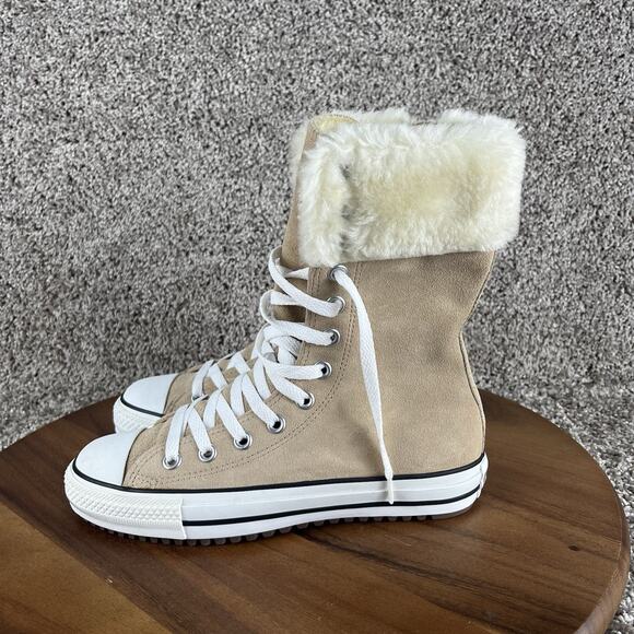 Converse High-Top Lace-Up Sneakers in Beige and White with Faux Fur Collar - Picture 4 of 10